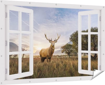 Gards Tuinposter Doorkijk Hert in het Landschap - 180x120 cm - Tuindoek - Tuindecoratie - Wanddecoratie buiten - Tuinschilderij