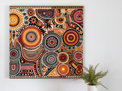 Modern aboriginal schilderij | Vibrant Fusion: Contemporary Interpretation of Traditional Aboriginal Artistic Heritage | Kunst - 60x60 centimeter op Forex | Foto op Forex