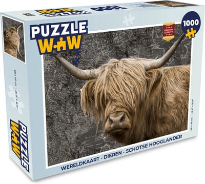 Puzzel Wereldkaart - Dieren - Schotse hooglander - Legpuzzel - Puzzel 1000 stukjes volwassenen