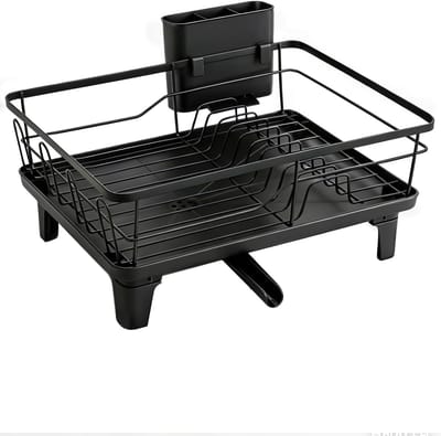 Afdruiprek van RVS – Compact Dish Drying Rack met Bestekhouder, Roestbestendig en Voedselveilig, Stabiel Afdruiprek voor Aanrecht of Spoelbak, Zwart