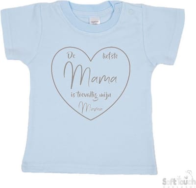Soft Touch T-shirt Shirtje Korte mouw "De liefste mama is toevallig mijn mama" Unisex Katoen Blauw/grijs Maat 62/68