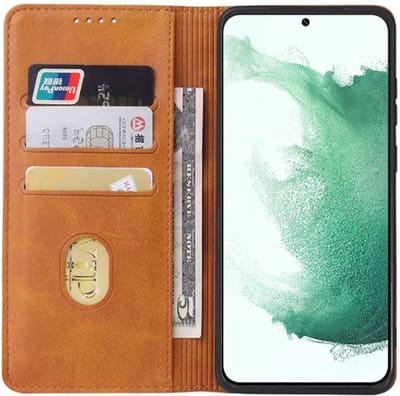 Smartphonica Samsung Galaxy S22 leren hoesje met magnetische sluiting en pashouders book case – Bruin geschikt voor Samsung Galaxy S22