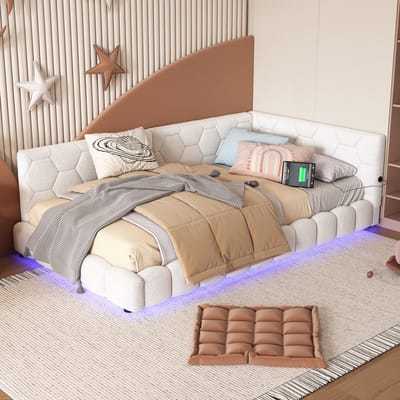 MODFU - Bedbank 90x200 cm – Met LED (16 kleuren) & USB/Type-C – Fluweel – Wit