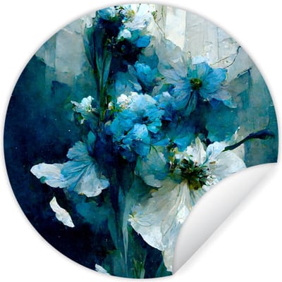 WallCircle® - Behangcirkel 100x100 cm - Muurstickers Bloemen - Boeket - Verf - Blauw - Muurcirkel woonkamer - Wandcirkel slaapkamer - Kamer decoratie zelfklevend - Muurdecoratie accessoires XXL