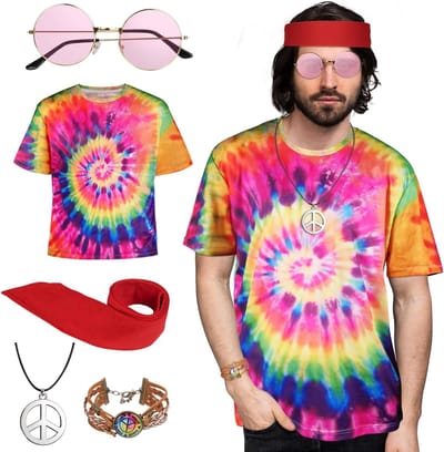 Hippie Kostuum Set voor Mannen en Vrouwen, 5-delige Outfit met T-Shirt, Zonnebril en Haarbanden voor Halloween en Feestjes