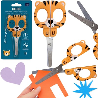 Kinderschaar met handvat in de vorm van een tijger, schoolschaar VEILIG 13 cm BEBE Friends Boys 3+