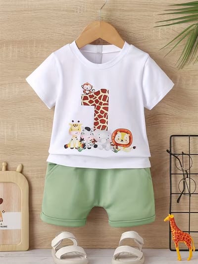 T-shirt en Shorts Set voor Jongens/meisjes maat 9-12 mnd - Casual, 1 jaar, Top met Korte Mouwen en dieren Design. Lichtgewicht Mint groen Shorts, voor Buiten.