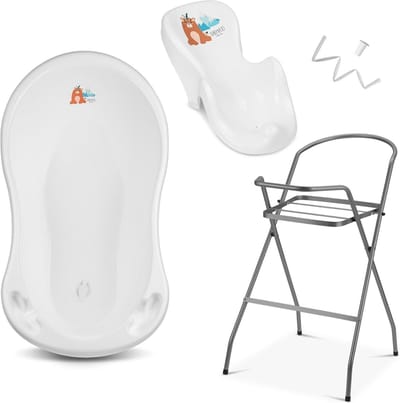 Baby Badje met Standaard en Badzitje, Verschillende Sets voor Pasgeborenen met Baby Badjes + Standaard + Afvoer + Badzitje, Babybadje met Standaard