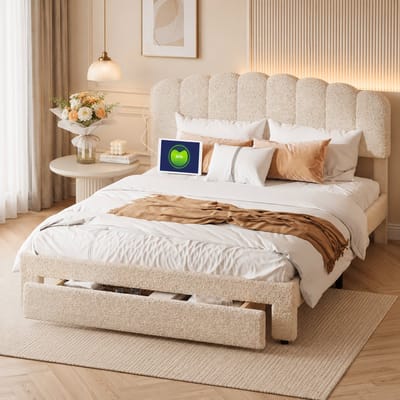 Gestoffeerd bed 140x190 cm - met USB-poort - Tweepersoonsbed met opberglade en in hoogte verstelbaar hoofdeinde - 2-persoonsbed - Teddy stof - Beige