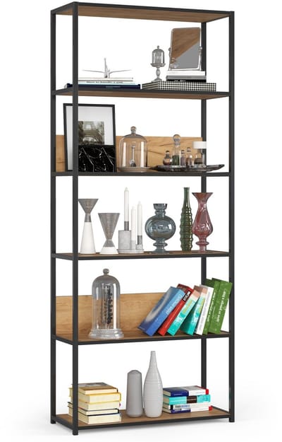 Open Boekenkast, Ladderkast, Loft Design / Metalen Vakkenkast met 6 Planken / Opbergplank / Boekenrek Opslagrek / Zwart - Craft Eik / 80 x 192 x 32 cm