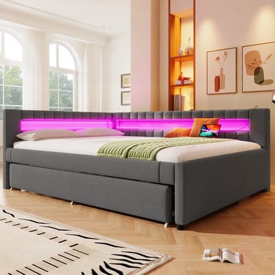 Wishdor Daybed - 140x200 cm - Met Uitschuifbed, Led-Lichtstrip En Oplaadpoorten - Flexibele Opstelling - Linnen en MDF - Grijs