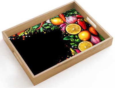 Dienblad hout 40x30 cm - Schootdienblad - Citroenen - Peper - Kruiden - Graffiti - Verf - Abstract - Borrelplank rechthoek - Plateau dienbladen