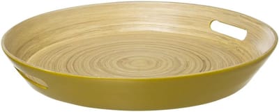 5Five Dienblad/serveerblad rond - D42 cm - bamboe hout - okergeel - met handvaten - Dienbladen