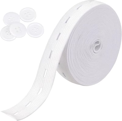 Elastische naaitape met knoopsgaten - 8,4 cm breed - 5 witte knopen - Doe-het-zelf knutselbenodigdheden