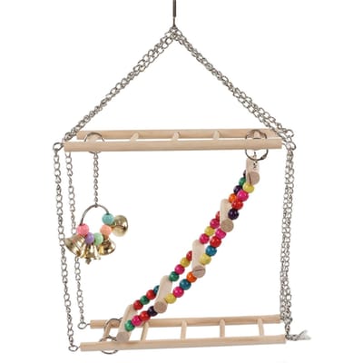 Jouet Balançoire Échelle pour Oiseau Perle en Bois Multicolore Perroquet Suspendu Jouet Balançoire Accessoires pour Cage d'Oiseau de Compagnie beige