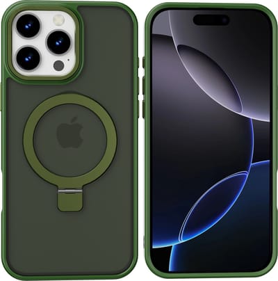 Hoesje Geschikt voor iPhone 16 Pro Magsafe hoesje - hard backcover - Magnetische Standaard - Ringhouder - Mat Transparant / Groen