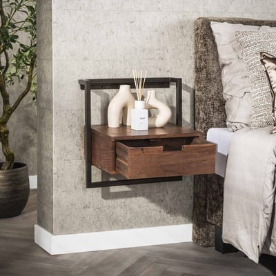 Zwevend Nachtkastje Industrieel Naomi Acaciahout 1 Lade Drift Brown