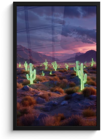 Poster in lijst - Fotolijst 40x60 cm - Posters - Neon cactussen - Woestijn - Zonsondergang - Posterlijst zwart - Decoratie - Wanddecoratie woonkamer - Muurdecoratie slaapkamer