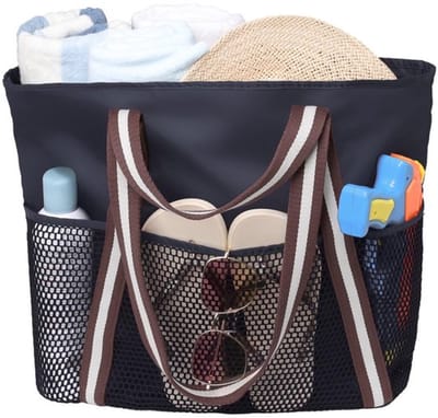 Strandtas, grote waterdichte, zandbestendige opvouwbare tas voor dames met ritsvakjes van mesh voor dagelijks gebruik bij het zwembad - Zwart wit