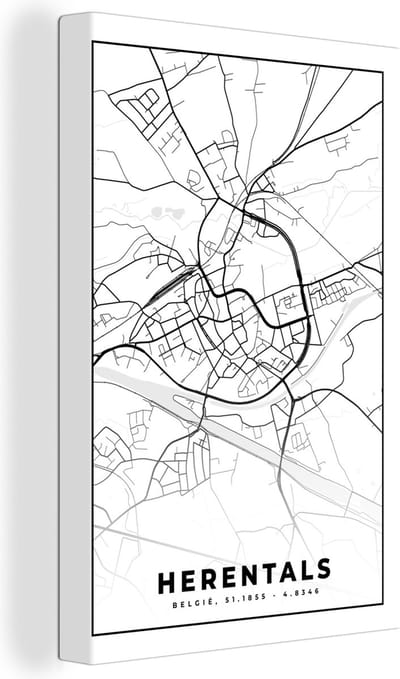 Canvas Schilderij Stadskaart – Plattegrond – België – Zwart Wit – Herentals – Kaart - 20x30 cm - Wanddecoratie
