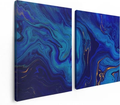 Artaza Canvas Schilderij Tweeluik Abstracte Kunst - Blauw met Gouden Verf - 120x80 - Foto Op Canvas - Canvas Print