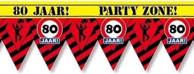 80 jaar party tape/markeerlint waarschuwing 12 meter - Verjaardag afzetlinten/markeerlinten feestartikelen