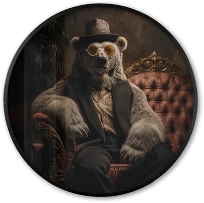 Poster in lijst Rond - Fotolijst 60x60 cm - Posters - Ijsbeer - Hoed - Bril - Stoel - Ronde posterlijst zwart - Decoratie - Wanddecoratie woonkamer - Muurdecoratie slaapkamer