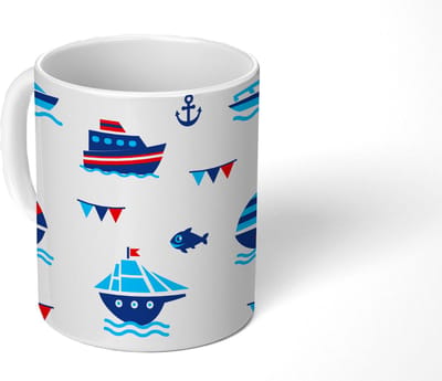 Mok - Koffiemok - Boot - Blauw - Rood - Jongen - Patroon - Mokken - 350 ML - Beker - Koffiemokken - Theemok