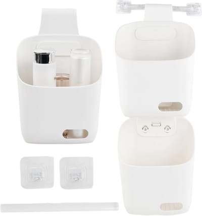 Thijox - 3 Stuks Hangende Opbergmanden met Haken - Opbergdozen voor Badkamer, Keuken en Slaapkamer - Stapelbare Kunststof Mand in Wit - Inclusief Stan