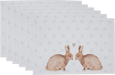 Clayre & Eef Placemats Set van 6 48x33 cm Wit Bruin Katoen Konijn