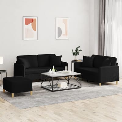 vidaXL - 3-delige - Loungeset - met - kussens - stof - zwart