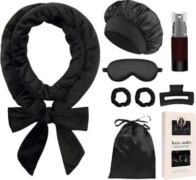 8-Piece Heat Free Curls Set with Night Hat, Velvet Curlers, Long and Medium Hair, Night Day (Black)