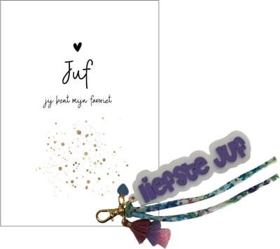 Sleutelhanger en kaartje JUF | FAVORIET | paars | jij bent de liefste | liefste juf | topjuf | einde schooljaar | juffen | meester |cadeau