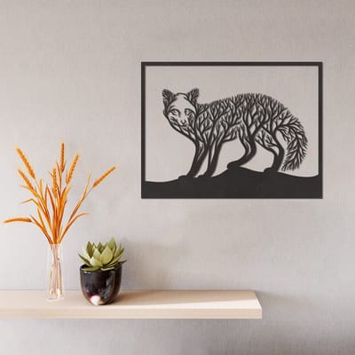 Wanddecoratie - Vos Uit Takken En Bomen - Dieren - Hout - Wall Line Art - Muurdecoratie - Woonkamer - Slaapkamer - Om Aan De Muur Te Hangen - Zwart - 38.5 x 29 cm