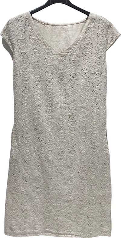 Linnen jurk met zijzakken - kap mouwen - broderie - getailleerd - kleur BEIGE - maat 42/44