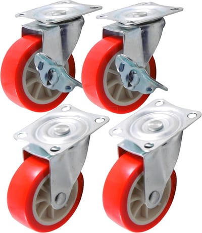 Zwenkwielen Set - Meubelwielen Rollen - Meubels Verplaatsen - Met Rem & Zonder - 75 mm Diameter - Rood Oranje