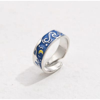 S Koppel Van Gogh Nacht Open Ringen Voor Vrouwen Mannen Eenvoudig Modeontwerp Koperkleur Liefhebbers Blauwe Sterrenhemel Ring Feest Sieraden white