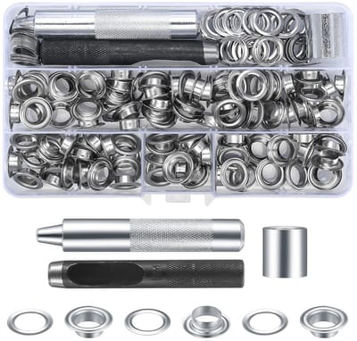 SnelShoppen - 120 Sets Eye Tool Set - 10mm Metalen Eyelets en Washers met Tulle Sluitgereedschap, Eye Tangen en Stansgereedschap voor Tentdoeken, Leer