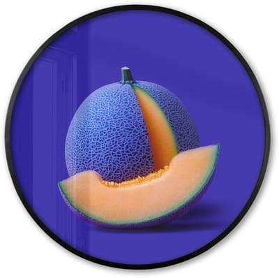 Poster in lijst Rond - Fotolijst 60x60 cm - Posters - Meloen - Blauw - Oranje - Kunstzinnig - Ronde posterlijst zwart - Decoratie - Wanddecoratie woonkamer - Muurdecoratie slaapkamer