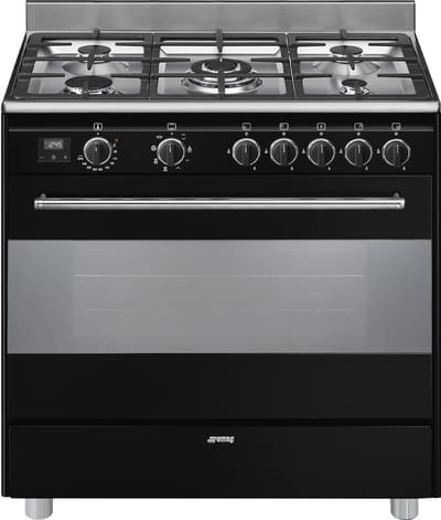 Smeg Concert BG91N2, Vrijstaand fornuis, Zwart, Roestvrijstaal, Draaiknop, Touch, Black, Roestvrijstaal, Boven voorzijde