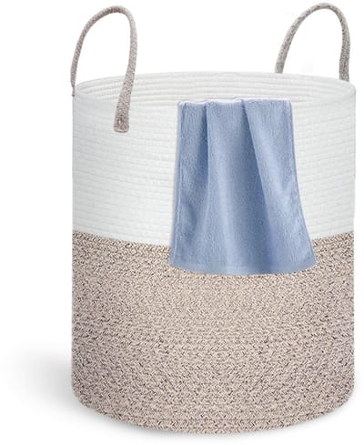 Mand van katoenen touw, Grote opbergmand 56L met handvat, Opvouwbare wasmand in beige voor speelgoed en dekens, Ronde multifunctionele mand in bruin en wit