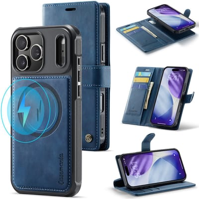 Casemania Hoesje Geschikt voor Apple iPhone 17 Pro - Navy Blue - Geschikt voor MagSafe - Luxe Kunstleer 2 in 1 Afneembare Bookcase - Magnetische Telefoonhoesje met Pasjeshouder en Standaardfunctie