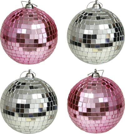 Kerstballen disco - 4x st - roze en zilver - 10 cm - kunststof - spiegel kerstballen