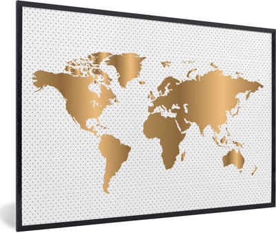 Poster in lijst - Fotolijst 120x80 cm - Posters - Wereldkaart - Goud - Stippen - Kinderen - Jongens - Meiden - Posterlijst zwart - Decoratie - Wanddecoratie woonkamer - Muurdecoratie slaapkamer