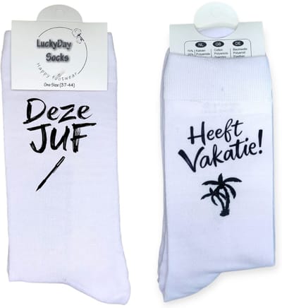 LuckyDay Socks - Bedankt Juf cadeautje - Afscheid juffrouw cadeau - Leraar cadeau - Afscheidscadeau - Einde schooljaar - Cadeau voor Juffrouw - Grappig cadeau voor juf - Leuke sokken voor Juffrouw - Maat 37-44