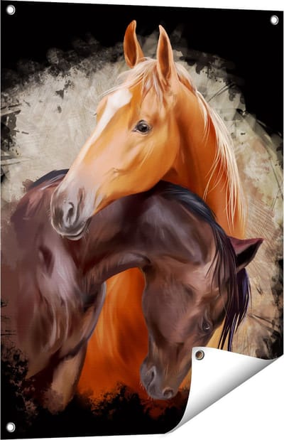 Gards Tuinposter Twee Getekende Knuffelende Paarden - Abstract - 60x80 cm - Tuindoek - Tuindecoratie - Wanddecoratie buiten - Tuinschilderij