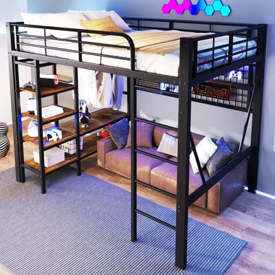 DESMIU Hoogslaper 140x200cm – Met Ledverlichting en Appbediening – Opbergvak en Hangnet – Voor Slaapkamer of Jeugdkamer – Metaal en Mdf – Zwart Zonder Matras