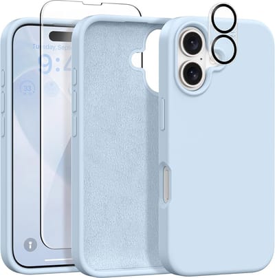 Stravo Siliconen Hoesje geschikt voor iPhone 16 Plus , Lichtblauw, Met 1X Screenprotector + 1X Cameralensbeschermer, [Zachte Krasbestendige Microvezelvoering], Vloeibare Siliconen Schokbestendige Beschermende Telefoonhoes 6.7"