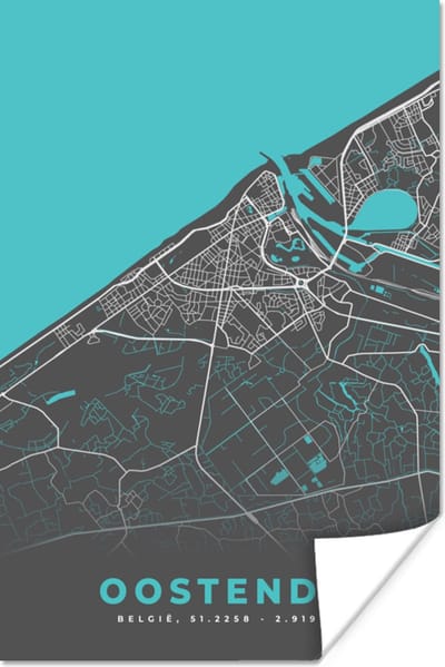Poster België – Oostende – Stadskaart – Kaart – Blauw – Plattegrond - 120x180 cm XXL