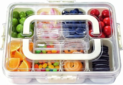 Lunchbox - Picknickbox - Snackbox met deksel en handvat - Opbergbox - 8 compartimenten - Draagbare picknickbox - Verdeelde compartimenten - Verdeelde snoep-, fruit- en snacklade - Draagbare multifunctionele snackbox - Crème